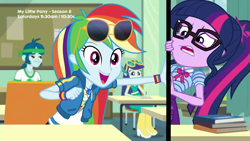 Size: 1280x720 | Tagged: safe, screencap, character:blueberry cake, character:captain planet, character:rainbow dash, character:twilight sparkle, character:twilight sparkle (scitwi), species:eqg human, episode:the last day of school, g4, my little pony:equestria girls, blueberry cake, fourth wall, geode of super speed, geode of telekinesis, magical geodes, sunglasses