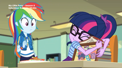 Size: 1280x720 | Tagged: safe, screencap, character:rainbow dash, character:twilight sparkle, character:twilight sparkle (scitwi), species:eqg human, episode:the last day of school, g4, my little pony:equestria girls, :3, book, bookhorse, geode of super speed, magical geodes, that girl sure does love books, that pony sure does love books, x3