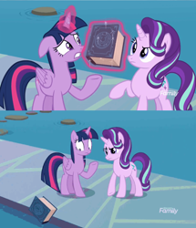 Size: 1620x1884 | Tagged: safe, screencap, character:starlight glimmer, character:twilight sparkle, character:twilight sparkle (alicorn), species:alicorn, species:pony, episode:school daze, g4, my little pony: friendship is magic, book, book abuse, discovery family logo, eea rulebook, thug