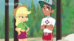Size: 1280x720 | Tagged: safe, screencap, character:applejack, character:timber spruce, episode:turf war, g4, my little pony:equestria girls, crossed arms, duo, geode of super strength, hand on hip, lifeguard, lifeguard applejack, lifeguard timber, magical geodes