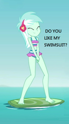 Size: 492x878 | Tagged: safe, screencap, character:lyra heartstrings, episode:turf war, g4, my little pony:equestria girls, barefoot, beach, clothing, cute, eyes closed, feet, headband, lyrabetes, smiling, solo, swimsuit