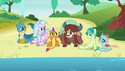 Size: 1920x1080 | Tagged: safe, screencap, character:gallus, character:ocellus, character:sandbar, character:silverstream, character:smolder, character:yona, species:changeling, species:classical hippogriff, species:dragon, species:earth pony, species:griffon, species:hippogriff, species:pony, species:reformed changeling, species:yak, episode:school daze, g4, my little pony: friendship is magic, best friends, bonding, bonding time, braid, cloven hooves, confused, curved horn, cute, diaocelles, diastreamies, dragoness, female, frown, gallabetes, hair over one eye, horn, horns, lying down, male, paws, prone, raised eyebrow, sandabetes, sitting, slit eyes, smiling, smolderbetes, spread wings, student six, talons, teenager, water, wings, yonadorable