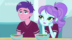 Size: 1280x720 | Tagged: safe, screencap, character:crystal lullaby, episode:pinkie pie: snack psychic, g4, my little pony:equestria girls, background human, female, food, hands on cheeks, male, peacock plume, ponytail, sad, soup, sports outfit
