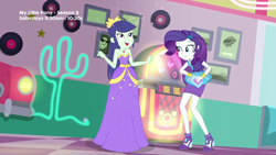 Size: 1280x720 | Tagged: safe, screencap, character:blueberry cake, character:rarity, episode:pinkie pie: snack psychic, g4, my little pony:equestria girls, background human, blueberry cake, cactus, clothing, dress, glitter, happy, high heels, jukebox, shoes, skirt, sweet snacks cafe