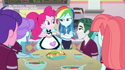 Size: 1280x720 | Tagged: safe, screencap, character:crystal lullaby, character:melon mint, character:pinkie pie, character:rainbow dash, episode:pinkie pie: snack psychic, g4, my little pony:equestria girls, chips, crossed arms, food, happy, marco dafoy, nachos, peacock plume, server pinkie pie, smug, soup, sweet snacks cafe, table