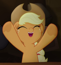 Size: 511x546 | Tagged: safe, screencap, character:applejack, species:earth pony, species:pony, my little pony: the movie (2017), adorable face, clothing, cowboy hat, cowgirl, cropped, cute, eyes closed, female, happlejack, happy, hat, jackabetes, mare, smiley face, smiling, solo
