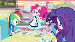 Size: 1920x1080 | Tagged: safe, screencap, character:rainbow dash, character:rarity, character:twilight sparkle, character:twilight sparkle (scitwi), species:eqg human, episode:pinkie pie: snack psychic, g4, my little pony:equestria girls, apron, clock, clothing, glasses, menu, server pinkie pie, sweet snacks cafe, table, waitress