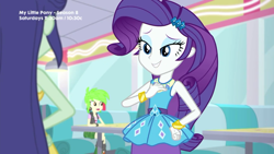 Size: 1920x1080 | Tagged: safe, screencap, character:blueberry cake, character:cherry crash, character:rarity, episode:pinkie pie: snack psychic, g4, my little pony:equestria girls, blueberry cake, bracelet, cherry crash, jewelry, smiling, sweet snacks cafe, table