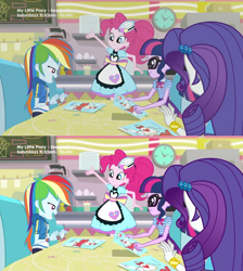 Size: 2048x2287 | Tagged: safe, screencap, character:rainbow dash, character:rarity, character:twilight sparkle, character:twilight sparkle (scitwi), species:eqg human, episode:pinkie pie: snack psychic, g4, my little pony:equestria girls, apron, clock, clothing, comparison, glasses, menu, server pinkie pie, sweet snacks cafe, table, waitress