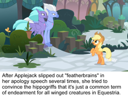 Size: 798x617 | Tagged: safe, screencap, character:applejack, character:seaspray, character:sky beak, species:classical hippogriff, species:earth pony, species:hippogriff, species:pony, episode:school daze, g4, my little pony: friendship is magic, caption, ponestrip, rearing