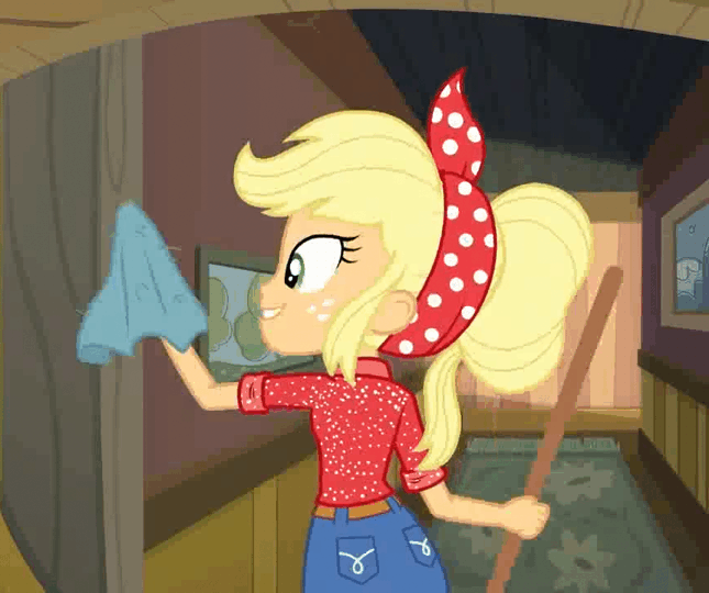 Size: 645x540 | Tagged: safe, screencap, character:applejack, episode:five to nine, g4, my little pony:equestria girls, animated, bedroom, boots, broom, cleaning, clothing, country, country applejack, jacket, jeans, lamp, pants, shoes, working