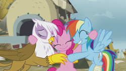 Size: 1920x1080 | Tagged: safe, screencap, character:gilda, character:pinkie pie, character:rainbow dash, species:earth pony, species:griffon, species:pegasus, species:pony, episode:the lost treasure of griffonstone, g4, my little pony: friendship is magic, season 5, crying, cute, dashabetes, diapinkes, eyes closed, female, gildadorable, griffonstone, hug, mare, smiling, tears of joy