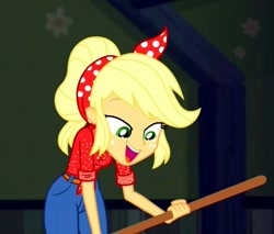 Size: 741x632 | Tagged: safe, screencap, character:applejack, episode:five to nine, g4, my little pony:equestria girls, broom, cleaning, clothing, country, country applejack, jacket, jeans, pants, working