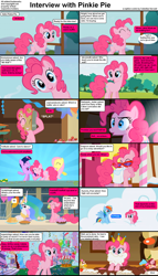 Size: 1282x2234 | Tagged: safe, screencap, character:fluttershy, character:pinkie pie, character:princess celestia, character:rainbow dash, character:twilight sparkle, species:alicorn, species:earth pony, species:pegasus, species:pony, species:unicorn, comic:celestia's servant interview, cake, caption, comic, female, food, interview, mare, whipped cream