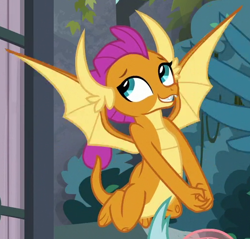 Size: 512x490 | Tagged: safe, screencap, character:gallus, character:ocellus, character:smolder, species:dragon, episode:school daze, g4, my little pony: friendship is magic, cropped, cute, flying, grin, offscreen character, out of context, smiling, smolderbetes, solo focus, spread wings, wings