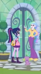 Size: 1242x2208 | Tagged: safe, screencap, character:princess celestia, character:principal celestia, character:spike, character:spike (dog), character:twilight sparkle, character:twilight sparkle (scitwi), species:dog, species:eqg human, episode:my little shop of horrors, g4, my little pony:equestria girls, apron, boots, celestia's house, clothing, cropped, glasses, gloves, looking at each other, needs more jpeg, open mouth, ponytail, shoes, skirt, watering can