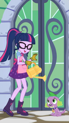 Size: 1242x2208 | Tagged: safe, screencap, character:spike, character:spike (dog), character:twilight sparkle, character:twilight sparkle (scitwi), species:dog, species:eqg human, episode:my little shop of horrors, g4, my little pony:equestria girls, apron, boots, celestia's house, clothing, cute, eyes closed, glasses, gloves, open mouth, ponytail, raised leg, shoes, twiabetes, watering can