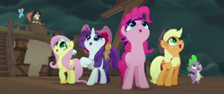 Size: 1920x804 | Tagged: safe, screencap, character:applejack, character:captain celaeno, character:fluttershy, character:pinkie pie, character:rainbow dash, character:rarity, character:spike, species:anthro, species:dragon, species:earth pony, species:parrot, species:pegasus, species:pony, species:unicorn, my little pony: the movie (2017), anthro with ponies, bandana, clothing, happy, hat, parrot pirates, pirate, pirate hat, pirate rainbow dash, pirate ship, smiling, time to be awesome