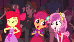 Size: 1539x866 | Tagged: safe, screencap, character:apple bloom, character:curly winds, character:mystery mint, character:scootaloo, character:scott green, character:scribble dee, character:sweetie belle, species:pegasus, species:pony, equestria girls:equestria girls, g4, my little pony:equestria girls, adorabloom, apple bloom's bow, bow, canterlot high, curly winds, cute, cutealoo, cutie mark crusaders, dancing, diasweetes, fall formal, fall formal outfits, hair bow, rose heart, scott green, some blue guy, sweet leaf, teddy t. touchdown, this is our big night