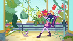 Size: 2208x1242 | Tagged: safe, screencap, character:spike, character:spike (dog), character:twilight sparkle, character:twilight sparkle (scitwi), species:dog, species:eqg human, episode:my little shop of horrors, g4, my little pony:equestria girls, apron, boots, cactus, celestia's house, clothing, flower, glasses, gloves, greenhouse, magic, plant, plants, ponytail, potted plant, pulling, shoes, vine, watering can