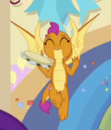 Size: 162x189 | Tagged: safe, screencap, character:smolder, species:dragon, episode:school daze, g4, my little pony: friendship is magic, cropped, dragon wings, dragoness, eyes closed, fangs, female, flying, musical instrument, picture for breezies, solo, spread wings, tambourine, wings