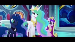 Size: 1920x1080 | Tagged: safe, screencap, character:princess cadance, character:princess celestia, character:princess luna, species:alicorn, species:pony, my little pony: the movie (2017), alicorn triarchy, canterlot castle, smiling, throne, throne room, trio