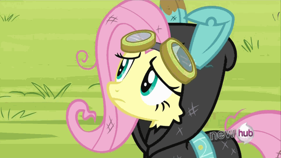 Size: 576x324 | Tagged: safe, screencap, character:fluttershy, species:bird, species:pegasus, species:pony, episode:magic duel, g4, my little pony: friendship is magic, animated, bunny ears, clothing, cute, dangerous mission outfit, female, goggles, hoodie, mare, shirt, solo, undershirt
