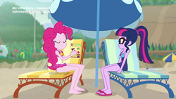 Size: 1280x720 | Tagged: safe, screencap, character:pinkie pie, character:twilight sparkle, character:twilight sparkle (scitwi), species:eqg human, episode:friendship math, g4, my little pony:equestria girls, barefoot, beach, book, clothing, duo, duo female, eyes closed, feet, female, frown, reading, sandals, schrödinger's pantsu, smiling, swimsuit, umbrella, wide eyes