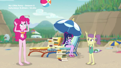 Size: 1280x720 | Tagged: safe, screencap, character:pinkie pie, character:twilight sparkle, character:twilight sparkle (scitwi), species:eqg human, episode:friendship math, g4, my little pony:equestria girls, barefoot, beach, beach ball, book, clothing, feet, geode of sugar bombs, geode of telekinesis, lily pad (equestria girls), magical geodes, one-piece swimsuit, schrödinger's pantsu, swimsuit, that girl sure does love books, young