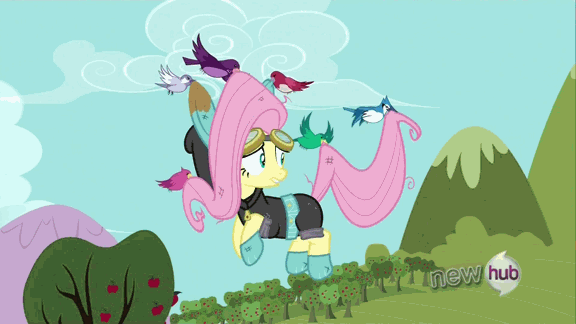 Size: 576x324 | Tagged: safe, screencap, character:fluttershy, species:bird, species:pegasus, species:pony, episode:magic duel, g4, my little pony: friendship is magic, animated, blue jay, bunny ears, carrying, clothing, cute, dangerous mission outfit, female, flying, goggles, hoodie, hoofy-kicks, kidnapped, mare, running, running in place, shyabetes, solo, songbird