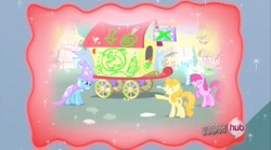 Size: 1178x653 | Tagged: safe, screencap, character:berry punch, character:berryshine, character:carrot top, character:golden harvest, character:shoeshine, character:trixie, species:earth pony, species:pony, species:unicorn, episode:magic duel, g4, my little pony: friendship is magic, cape, clothing, cruel, female, graffiti, hat, laughing, mare, mean, quartet, sad, sadness, taunt, taunting, trixie's cape, trixie's hat, trixie's wagon, trixiebuse, vandalism, wagon, woobie