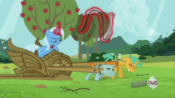 Size: 576x324 | Tagged: safe, screencap, character:snails, character:snips, character:trixie, species:pony, species:unicorn, episode:magic duel, g4, my little pony: friendship is magic, alicorn amulet, animated, apple tree, bucktooth, bullwhip, chariot, colt, eyes closed, female, foal, glowing horn, harness, magic, male, mare, pulling, slavery, straining, tack, telekinesis, that pony sure does hate wheels, tree, whip, whipping