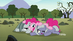Size: 1920x1080 | Tagged: safe, screencap, character:limestone pie, character:marble pie, character:pinkie pie, species:earth pony, species:pony, episode:the maud couple, g4, my little pony: friendship is magic, discovery family logo, eye contact, female, frown, glare, glomp, looking at each other, one eye closed, open mouth, pie sisters, prone, sad, siblings, sisters, squee, trio, wink