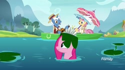 Size: 1920x1080 | Tagged: safe, screencap, character:pinkie pie, character:pokey pierce, character:swan song, species:pony, species:unicorn, episode:the maud couple, g4, my little pony: friendship is magic, boat, clothing, discovery family logo, guitar, lily pad, umbrella, water, wet mane