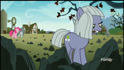 Size: 2560x1440 | Tagged: safe, screencap, character:limestone pie, character:marble pie, character:pinkie pie, species:earth pony, species:pony, episode:the maud couple, g4, my little pony: friendship is magic, mouth hold, pie sisters, rock farm, rock hammer, siblings, sisters, trio