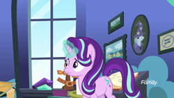 Size: 1920x1080 | Tagged: safe, screencap, character:starlight glimmer, character:trixie, episode:the maud couple, g4, my little pony: friendship is magic, capitalism, discovery family logo, equal cutie mark, equality, glowing horn, picture, starlight's room, worried