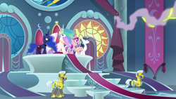 Size: 1920x1080 | Tagged: safe, screencap, character:princess cadance, character:princess celestia, character:princess flurry heart, character:princess luna, character:shining armor, species:alicorn, species:pony, species:unicorn, season 8, canterlot throne room, ethereal mane, female, intro, male, mare, royal family, stallion, throne