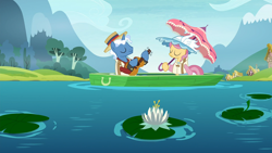 Size: 1920x1080 | Tagged: safe, screencap, character:pokey pierce, character:swan song, species:pony, species:unicorn, episode:the maud couple, g4, my little pony: friendship is magic, boat, clothing, female, guitar, hat, lake, lily pad, male, mare, stallion, waterlily
