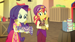 Size: 1912x1072 | Tagged: safe, screencap, character:rarity, character:sunset shimmer, equestria girls:movie magic, g4, my little pony:equestria girls, arabian, cloth, clothing, costume, cute, fabric, india movie set, shimmerbetes, sunshim