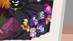 Size: 1912x1072 | Tagged: safe, screencap, character:applejack, character:fluttershy, character:pinkie pie, character:rainbow dash, character:rarity, character:sunset shimmer, character:twilight sparkle, character:twilight sparkle (scitwi), species:eqg human, equestria girls:mirror magic, g4, my little pony:equestria girls, apple, basket, clothing, costume, food, gypsy pie, humane five, humane seven, humane six, movie poster, sunshim