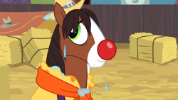 Size: 1366x768 | Tagged: safe, screencap, character:trouble shoes, episode:appleoosa's most wanted, g4, my little pony: friendship is magic, clothing, clown nose, cute, happy, rodeo, smiling, solo, troublebetes, wet, wet mane