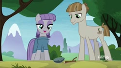 Size: 1280x720 | Tagged: safe, screencap, character:boulder, character:maud pie, character:mudbriar, species:earth pony, species:pony, ship:maudbriar, episode:the maud couple, g4, my little pony: friendship is magic, discovery family logo, duo, female, looking down, male, shipping, straight, twiggy (pet), worm's eye view