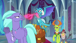 Size: 1280x720 | Tagged: safe, screencap, character:grampa gruff, character:prince rutherford, character:princess ember, character:seaspray, character:thorax, species:changeling, species:dragon, species:griffon, species:hippogriff, species:reformed changeling, species:yak, episode:school daze, g4, my little pony: friendship is magic, angry, bickering, blind eye, canterlot castle, changeling king, clothing, dragonfire, ear piercing, earring, eye scar, fez, fire, fire breath, fist, flying, hat, horn ring, jewelry, necklace, piercing, pink fire, raised claw, raised hoof, scar