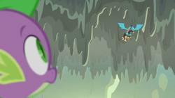 Size: 1280x720 | Tagged: safe, screencap, character:princess ember, character:spike, species:dragon, episode:gauntlet of fire, g4, my little pony: friendship is magic, armor, cave, cavern, dragon armor, duo, flying, leaving, stalactite