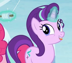 Size: 1024x890 | Tagged: safe, screencap, character:pinkie pie, character:starlight glimmer, species:earth pony, species:pony, species:unicorn, episode:the maud couple, g4, my little pony: friendship is magic, biting, blue eyes, cropped, cute, cutie mark, female, glimmerbetes, glowing horn, kite, magic, mare, smiling, that pony sure does love kites, tongue bite, tongue out
