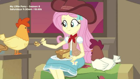 Size: 450x253 | Tagged: safe, screencap, character:fluttershy, species:chicken, episode:five to nine, g4, my little pony:equestria girls, animal, animated, blouse, clothing, cowboy hat, cowgirl, cute, feeding, hat, shirt, shyabetes, sitting, skirt, smiling, stetson, vest