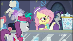 Size: 2560x1440 | Tagged: safe, screencap, character:fluttershy, character:pinot noir, character:rarity, species:earth pony, species:pony, episode:fake it 'til you make it, hipstershy, raised eyebrow