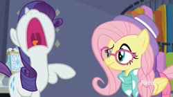 Size: 1663x929 | Tagged: safe, screencap, character:fluttershy, character:rarity, episode:fake it 'til you make it, hipstershy, nose in the air, rarity for you, volumetric mouth