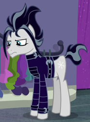 Size: 490x660 | Tagged: safe, screencap, character:snow hope, species:earth pony, species:pony, episode:fake it 'til you make it, clothing, cropped, edward scissorhands, goth, goth pony, gothic, jacket, leather jacket, male, my little pony, side character, solo, stallion, trad goth