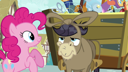Size: 1280x720 | Tagged: safe, screencap, character:cranky doodle donkey, character:pinkie pie, species:donkey, species:earth pony, species:pony, episode:a friend in deed, g4, my little pony: friendship is magic, bow tie, cart, duo, female, male, mare, ponyville, rearing